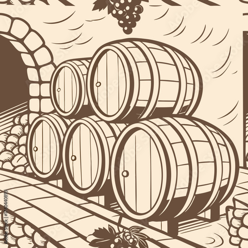 Wooden barrels stacked in a wine cellar with grape vines  