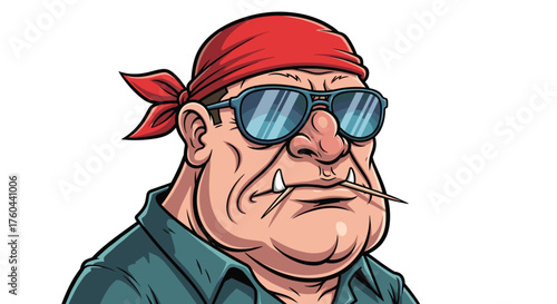 Tough Cartoon Biker Character with Sunglasses and Red Bandana Relaxing with a Toothpick, Cool Graphic Illustration for Motorcycle Clubs, Outlaw Culture, Logo Designs, Apparel, Modern Artistic Style, A