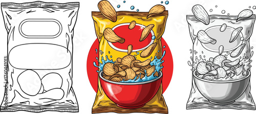 Crispy Potato Chips Exploding from a Yellow Snack Bag in a Dramatic Splash: A Delicious Treat for Parties, Celebrations, and Casual Snacking with Fast Food Appeal, Modern Culinary Indulgence, Food Ill