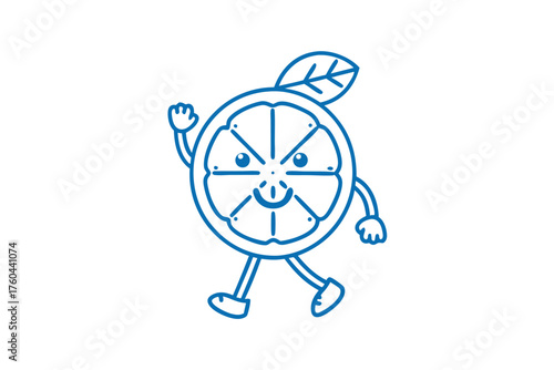 Blue outlined cartoon orange with a leaf is walking and waving hello cheerfully