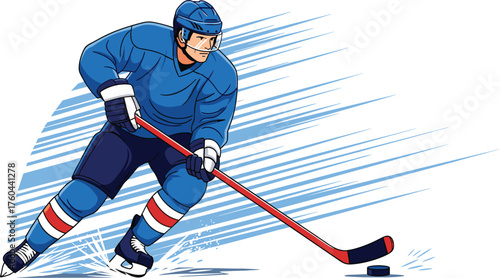 Dynamic Hockey Player Skating with Puck Illustration - Action Shot on Rink Ice Representing Sportsmanship, Competition, and Athleticism for Team Spirit Projects, Tournament Graphics, Training Manuals,