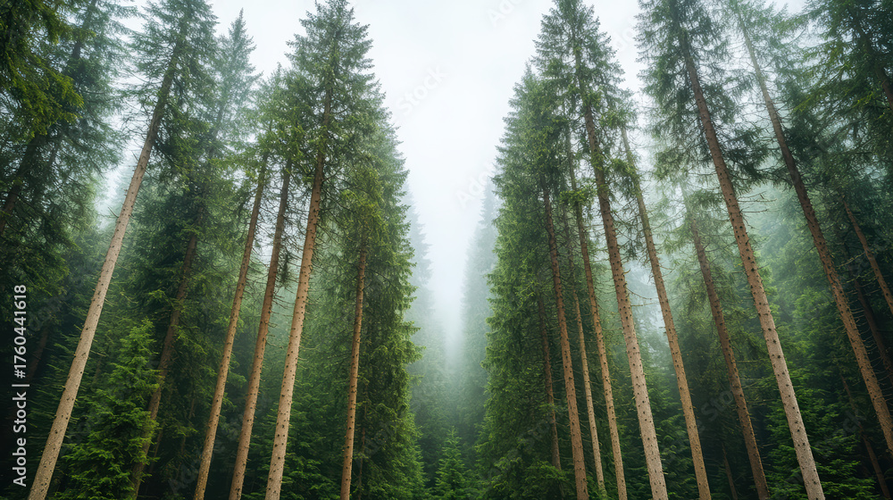 Fototapeta premium Tall trees surrounded by fog create serene and meditative atmosphere in forest