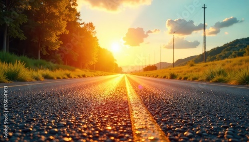 A captivating summer scene of intense heat radiating from sun-baked asphalt, shimmering air above the ground, and intense sunlight , sunlight, shimmering heat, haze