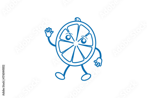Animated blue citrus slice is cheerfully waving with its cute cartoon face