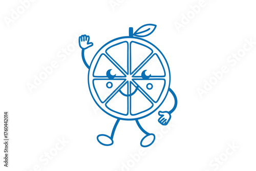 Cheerful orange slice cartoon character happily waves hello, creating a delightful and inviting scene