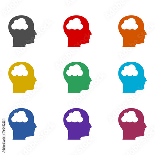 Head silhouette with cloud icon isolated on white background. Set icons colorful