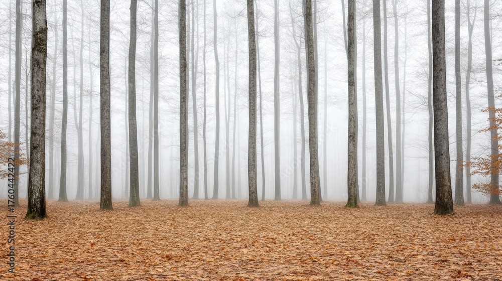 Naklejka premium Ethereal fog envelops tall trees in serene forest, creating tranquil atmosphere