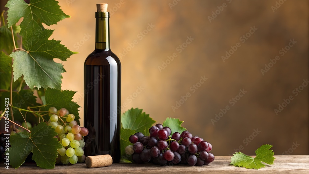 Obraz premium A Dark Green Glass Bottle Of Red Wine With Fresh Green And Red Grapes On A Wooden Table With A Vine And Green Leaves A Textured Brown Background And Natural Lighting