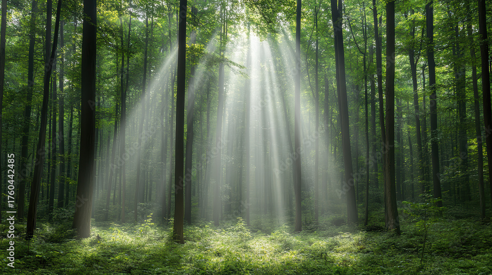 Obraz premium Ethereal light filters through trees in serene forest, creating tranquil atmosphere