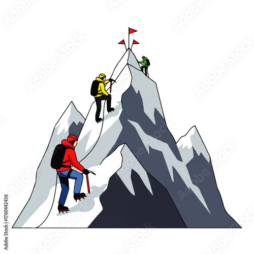 Expedition to the summit Team of climbers ascending a treacherous mountain peak to reach the top, marked with flags