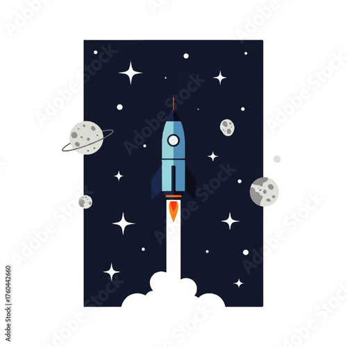 Illustration of a rocket ship blasting off into space, surrounded by stars and planets, on a blue background