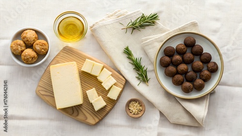 Wallpaper Mural Delicious Cheese Cubes With Rosemary And Dark Chocolate Balls On White Rustic Table Torontodigital.ca