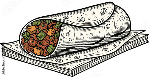 Savory Burrito Illustration Wrapped on Stack of Paper Napkins, Traditional Mexican Cuisine, Colorful Filling of Meat and Vegetables, Delicious Food Art, Restaurant Menu Design, Cafe Marketing, Authent