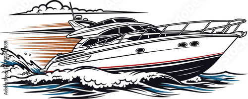 Luxury Motor Yacht Cruising on the Open Sea with Speed and Power, Modern Design Vessel for Recreational Boating, Coastline Adventure and Exclusive Getaways, Transportation Graphics,  Maritime Vacation