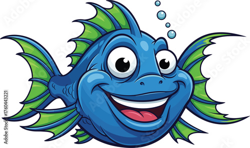 Cheerful Blue Cartoon Fish Smiling underwater with Bubbles Illustration, marine animal swimming in ocean, delightful, colorful and vibrant aquatic life for children, education, storybook, animation, g
