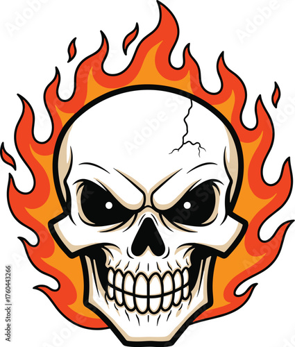 Fiery Skull Graphic Illustration: Intricate flaming skull illustration for edgy designs, symbolic of mortality and gothic aesthetic; perfect for rock music artwork, Halloween themes, tattoo designs, m
