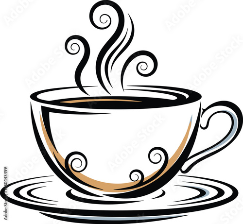 Steaming Coffee Cup Illustration with Decorative Swirls, Cozy Cafe Beverage in Elegant Porcelain, Breakfast Drink for Morning Wakeup, Restaurant Menu Design, Warm Drink Graphic, Coffeehouse Icon, Arti