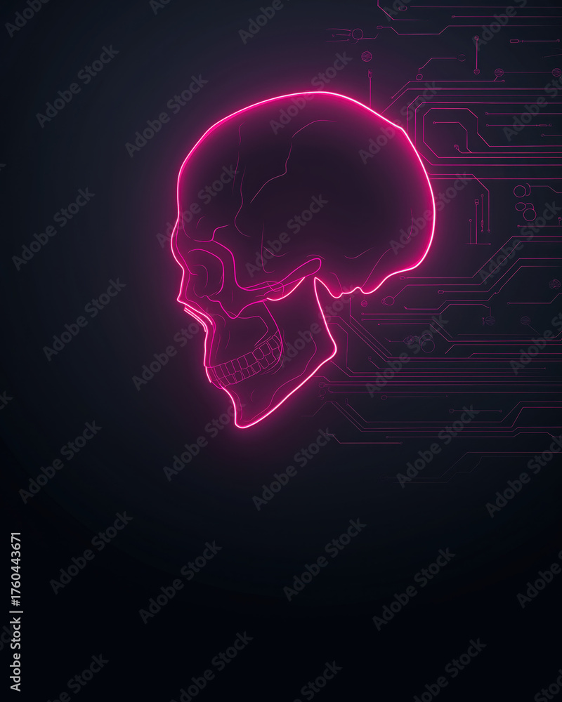 Obraz premium Neon pink skull outline with circuitry pattern on dark midnight background, minimal elegant design