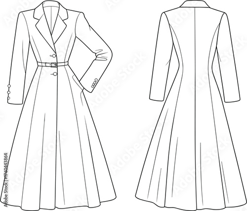 Women's tailored long coat fashion sketch, belted waist, flared hem, button closure, elegant silhouette, cad drawing flat vector illustration