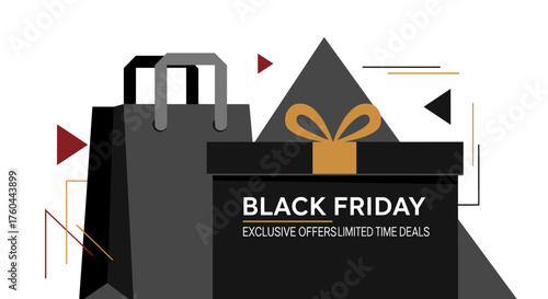 Black Friday marketing banner featuring shopping bag and gift box Limited time exclusive deals