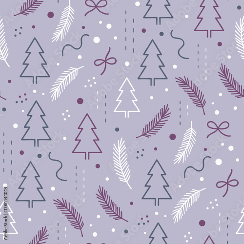 Christmas Tree Pattern Vector. Seamless Christmas Tree Pattern with pine branch and ribbon. Seasonal greenery. seamless pattern Background.