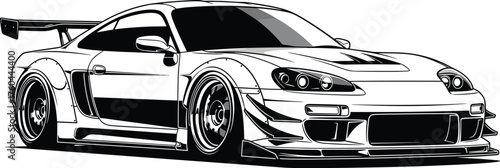 Sleek Tuned Car Illustration: Modern Automotive Design Concept for Enthusiasts – Detailed Vector Artwork of a Customized Vehicle for Graphic Design, Transportation, or Creative Projects. Racing, Autom