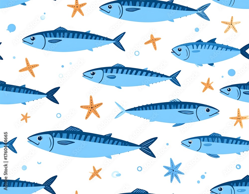 Fototapeta premium A vibrant seamless pattern featuring cartoon-style mackerel fish swimming alongside starfish on a clean white background