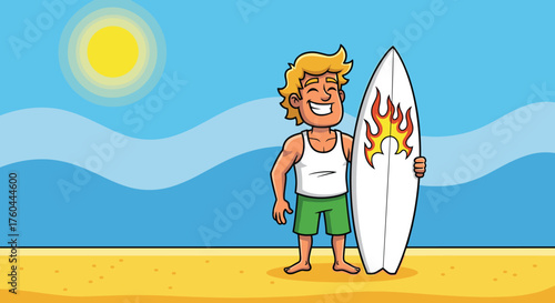 Smiling Surfer Dude Holding Surfboard on Beach with Ocean Waves and Sun Illustration - Cartoon Character Enjoying Summer Vacation at Sea for Travel Tourism Marketing, Sport, Relaxation, Fun, Youthful