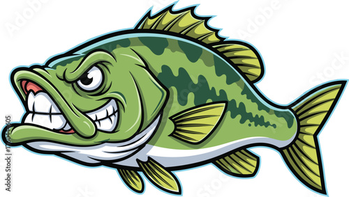 Cartoon Largemouth Bass Aggressively Grinning with Sharp Teeth in Bold Illustration Against White Backdrop, Perfect for Fishing Marketing, Sport Promotion, or Outdoor Adventure, Detailed Vector Design