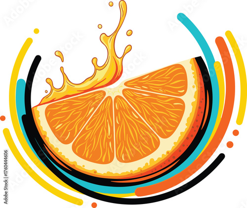 Juicy Orange Slice Bursting with Freshness, Refreshing Citrus Fruit Splash for Healthy Lifestyle and Wellness Promotion, Vibrant Colors in Abstract Graphic Design, Ideal for Nutrition Branding and Foo