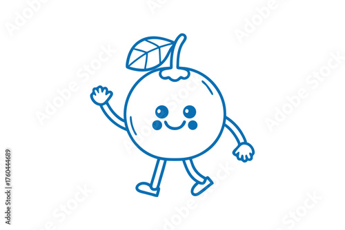 A cheerful cartoon fruit character happily walks, waving with an outlined blue style