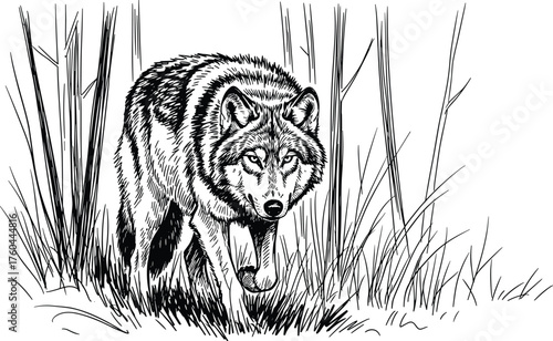 Intense Wolf Stalking Through Dense Forest Undergrowth, Monochrome Illustration for Nature Conservation Projects, Wildlife Education, and Ecotourism Branding, Detailed Line Art for Graphic Design and