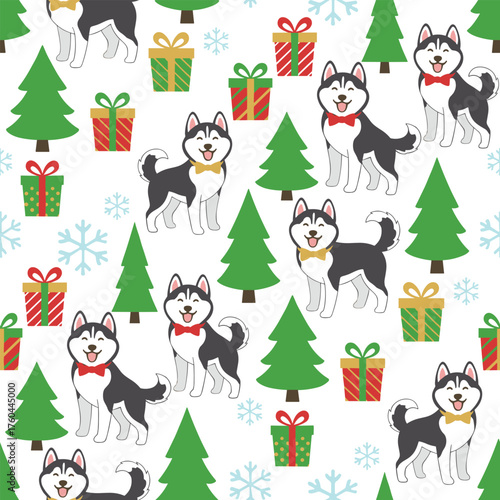 Christmas Dog Pattern Vector. Seamless Christmas Dog Pattern with Trees and Presents. Merry Christmas pets seamless pattern Background.