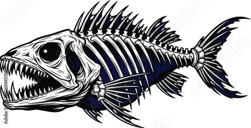 Menacing Fish Skeleton Illustration with Sharp Teeth Displaying Bone Anatomy Against White Backdrop for Halloween Graphic Design Projects, Tattoo Art, Gothic Theme, Poster Design, Scary Halloween, Vec