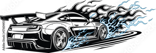 Sleek Racing Car Drifting with Fiery Flames Graphic Illustration on Track - Fast Automobile Speed Concept for Automotive Industry, Motorsports, Transport, Design Element, Modern Graphic, Action, Compe