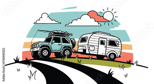Off-Road Vehicle Pulling Camping Trailer on a Winding Road Under Sunny Skies Illustration for Outdoor Adventure Lifestyle Marketing, Travel, Recreation, Tourism, Exploration, and Sustainable Eco-Frien
