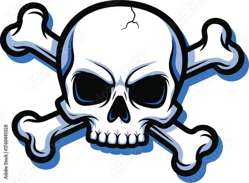 Cartoon Skull and Crossbones Graphic Symbol with Bold Black Outline, Menacing Design, Shadow Effect for Halloween Decoration, Pirate Theme, Danger Sign, Gothic Art, Rock Music, Tattoo Design, Spooky I