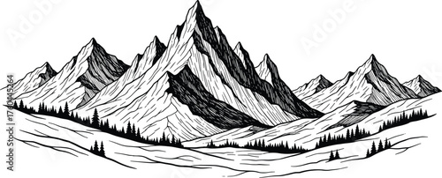 Majestic Mountain Range Sketch: Hand-Drawn Peaks, Valleys, and Evergreen Trees in a Wilderness Landscape for Adventure, Travel, and Nature-Themed Designs, Ideal for Outdoor Recreation, Tourism, and En