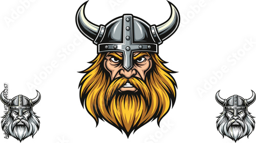 Fierce Viking Warrior Mascot Ready for Battle with Horned Helmet, Golden Beard, and Intimidating Gaze in Nordic Style, Perfect for Sports Team Logo, Esports, Medieval Fantasy, Mythological Themes, Gra