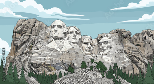 Iconic Mount Rushmore National Memorial Monumental Landmark Carved Sculptures Depicting American Presidents Washington Jefferson Roosevelt Lincoln in South Dakota Black Hills Surrounded by Pine Trees,