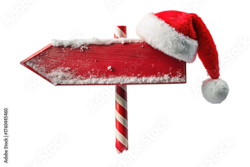 Red wooden arrow sign with snow and santa hat isolated on transparent background