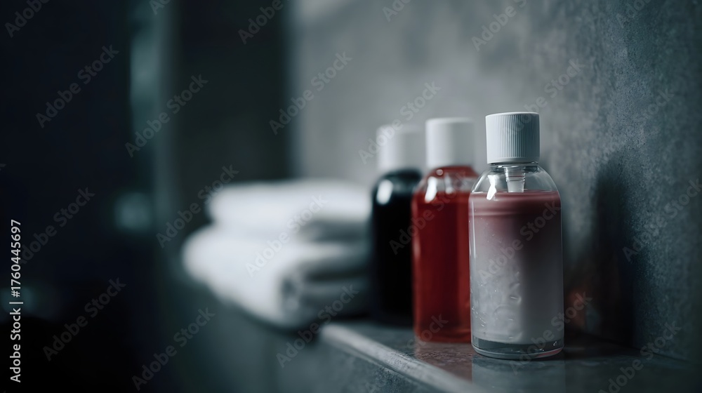 Fototapeta premium Three small bottles of liquid toiletries and folded white towels on a bathroom shelf