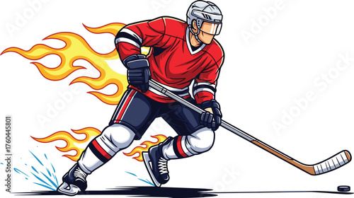 Dynamic Hockey Player Skating with Fiery Speed on Ice Rink, Action Shot Illustration for Sports Marketing and Team Branding, Energetic Athlete in Motion, Skillful Game Play, Digital Art with Bold Colo