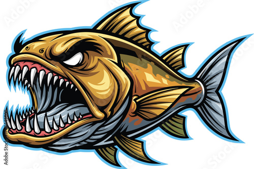 Aggressive Piranha Illustration with Sharp Teeth in Attack Mode on White Background, Predatory Fish Mascot for Sports Team, Gaming Logo, Watersports Brand, Fishing Tournaments, Colorful Vector Graphic
