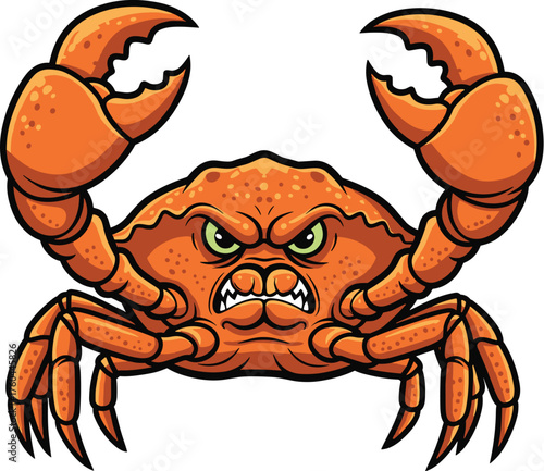 Cartoon Angry Crab Raising Claws Threateningly, Isolated on White Background, Marine Life Aggression, Crustacean Mascot for Sports Team, Seafood Illustration for Restaurant Menu, Orange Color with Bla