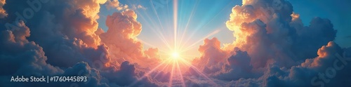 A dramatic, ethereal sky filled with swirling clouds and beams of light, suggesting a divine presence  Perfect for concepts of divinity, spirituality, and the supernatural ,  white,  godly