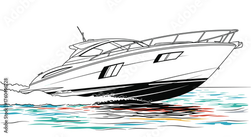 Luxury Yacht Cruising on Azure Waters: Modern Motorboat Excursion on a Sunny Day, Vacation Getaway, Nautical Adventure, Boating Lifestyle, Travel, Leisure, Water Transport, Recreational Vehicle,  Seaf