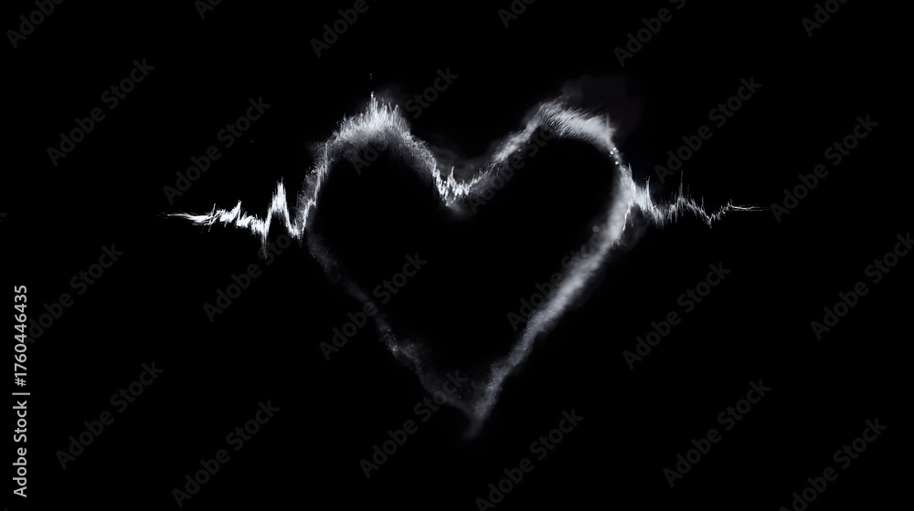 Fototapeta premium Abstract white heart shape with integrated cardiogram pulse on black background