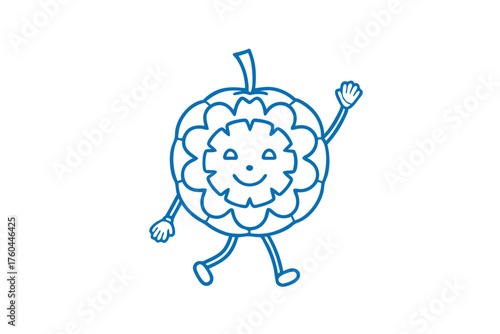 Cartoon custard apple character waves a friendly hello while walking along cheerfully