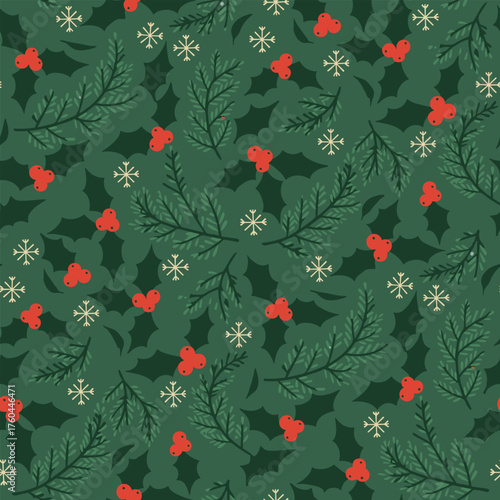 Christmas Botanical Pattern. Seamless Christmas Pattern with Branches, Holly Berries, and Ivy Leaves. Winter Celebration Texture.